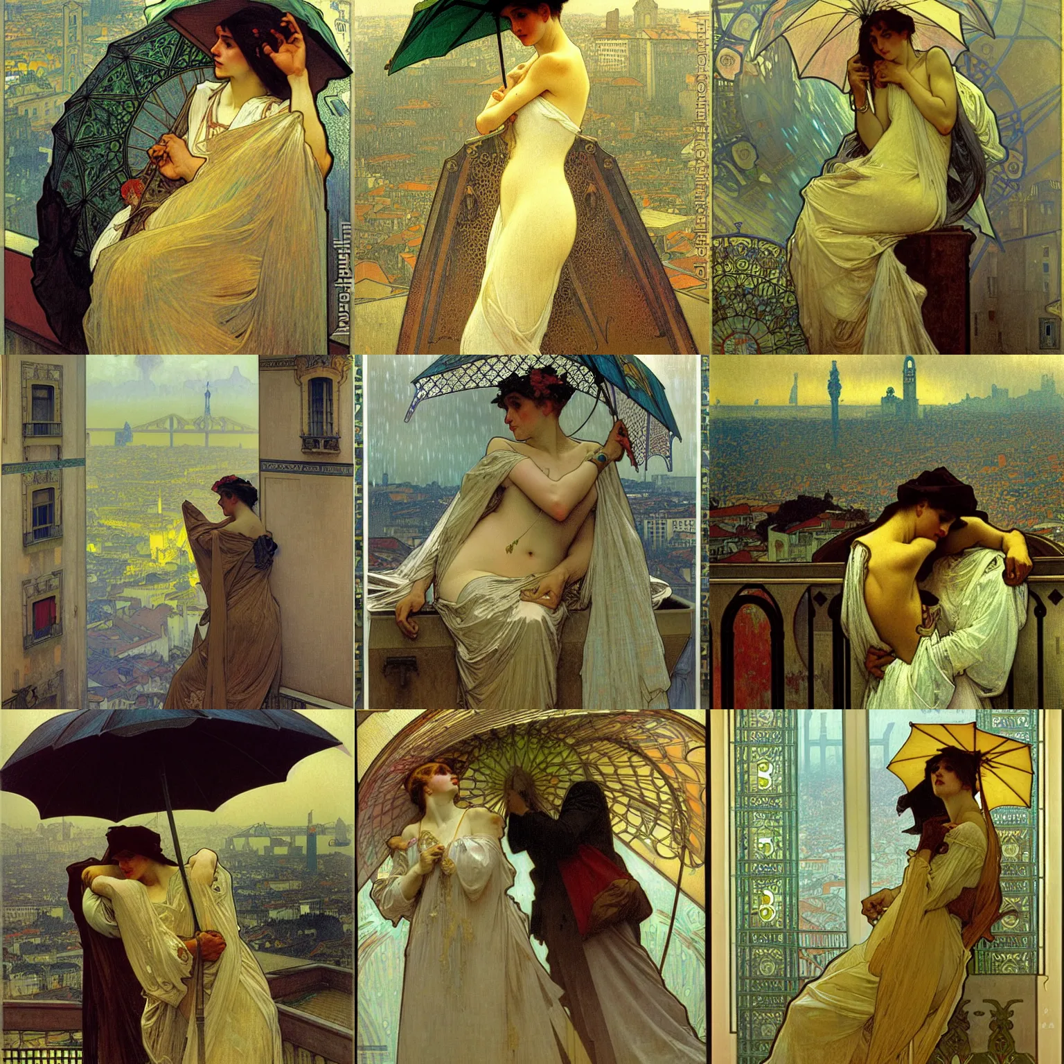 Prompt: The Raining City of Lisbon, alphonse mucha, paul delaroche