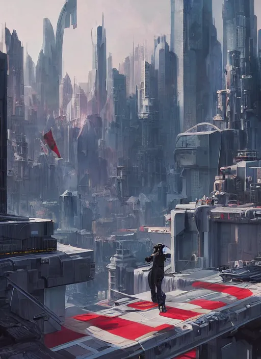 Image similar to futuristic city on the edge of steel kitchen sink red propaganda flags by ross tran, thierry doizon, craig mullins, ilya kuvshinov, artgerm, edward hopper, dan mumford, wlop, rutkovsky, carl spitzweg, moebius, unreal engine 5, lumen, nanite