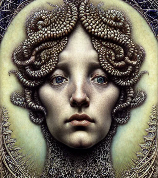 Prompt: detailed realistic beautiful crab goddess face portrait by jean delville, gustave dore, iris van herpen and marco mazzoni, art forms of nature by ernst haeckel, art nouveau, symbolist, visionary, gothic, neo - gothic, pre - raphaelite, fractal lace, intricate alien botanicals, ai biodiversity, surreality, hyperdetailed ultrasharp octane render