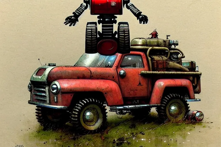 Prompt: adventurer ( ( ( ( ( 1 9 5 0 s retro future robot android fat knome rv offroad truck robot. muted colors. ) ) ) ) ) by jean baptiste monge!!!!!!!!!!!!!!!!!!!!!!!!! chrome red