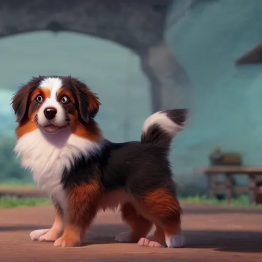 Image similar to a wholesome animation key shot of a copper australian shepherd puppy, studio ghibli, pixar and disney animation, sharp, rendered in unreal engine 5, anime key art by greg rutkowski, bloom, dramatic lighting