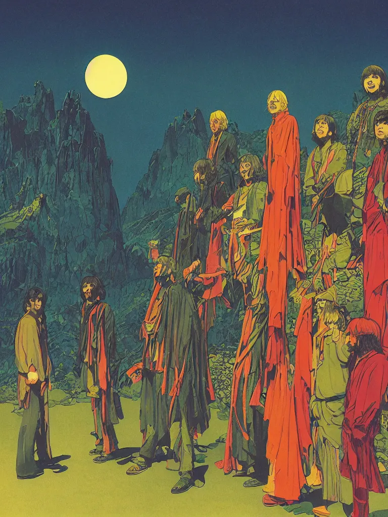 Image similar to an image of the beatles as a characters from the lord of the rings, taking mind altering drugs, a blotter paper of lsd acid and dreaming psychedelic hallucinations in the vast mordor landscape, by kawase hasui, moebius, edward hopper, colorful flat surreal design, dramatic lighting, hd, 8 k, artstation
