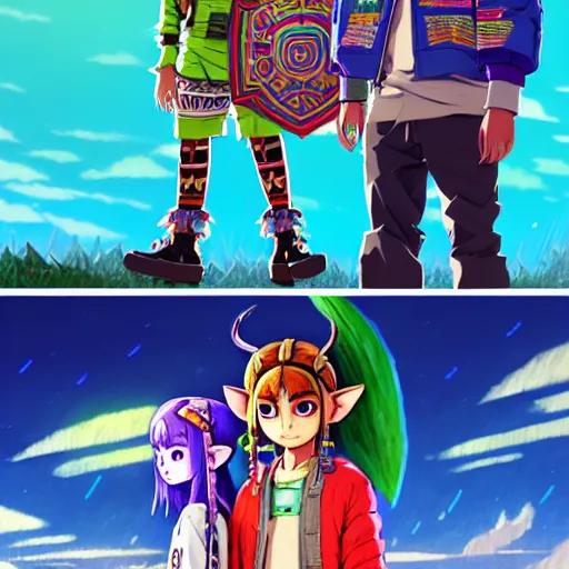 Image similar to majora majora's mask wearing oversized mayan bomber jacket with overalls, bulky poofy bomber jacket with mayan patterns, aztec street fashion, botw art style, gapmoe yandere grimdark, trending on pixiv fanbox, painted by greg rutkowski makoto shinkai takashi takeuchi studio ghibli, akihiko yoshida