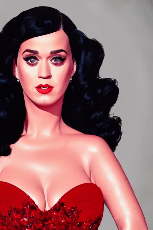 Prompt: katy perry in a red dress, realistic portrait, symmetrical, highly detailed, smooth, sharp focus, movie screencap, 4 k photography