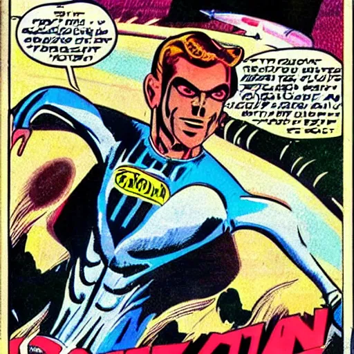 Prompt: alien male race car driver in a 70s comic book, retro, colorful, dynamic, futuristic