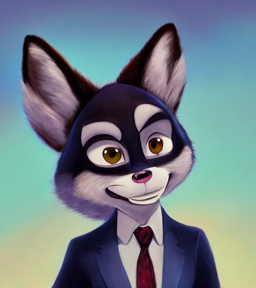 Prompt: oil painting of anthromorphic furry female wolf, in style of zootopia, female fursona, furry, furaffinity, 4 k, deviantart, furry art, fursona art, wearing black business suit, business suit, wolf fursona, female, tired expression,