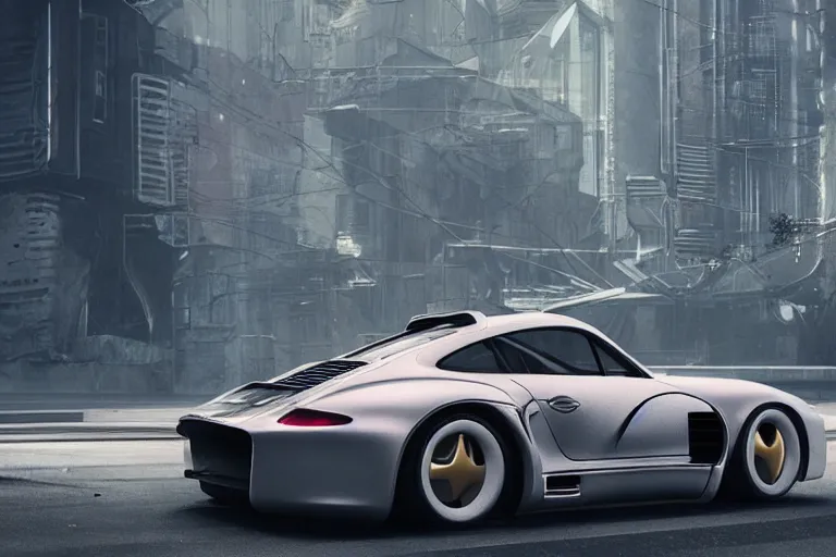Image similar to porsche 9 5 9 cyberpunk concept car sitting on the side of the road, a detailed matte painting by zack snyder, trending on cg society, auto - destructive art, vray tracing, unreal engine 5, reimagined by industrial light and magic