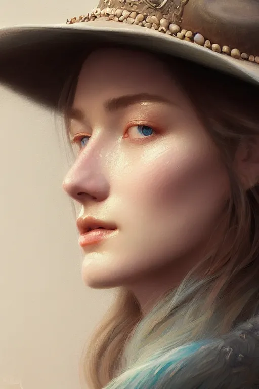 Prompt: ultra detailed facial portrait of beautiful nordic woman, blue eyes, wearing cowboy hat, extremely detailed digital painting, in the style of fenghua zhong and ruan jia and jeremy lipking and peter mohrbacher, mystical colors, rim light, beautiful lighting, 8 k, stunning scene, raytracing, octane, trending on artstation