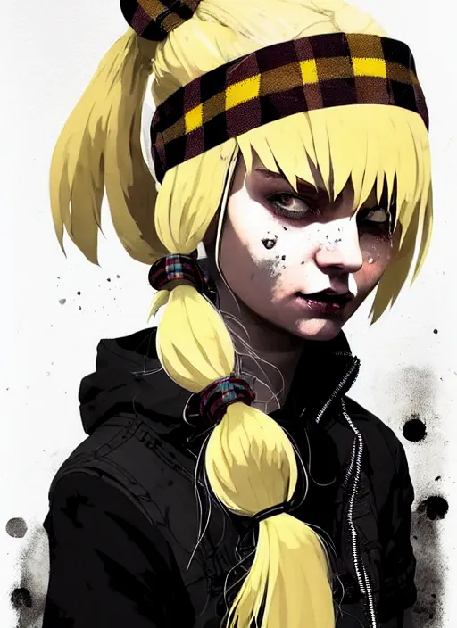 Image similar to highly detailed closeup portrait of a sewer punk pretty swedish female road warrior student, tartan garment, blonde hair pigtails with headband by atey ghailan, by greg rutkowski, by greg tocchini, by james gilleard, by joe fenton, by kaethe butcher, gradient yellow, black, brown and white color scheme, grunge aesthetic!!! white graffiti tag wall background