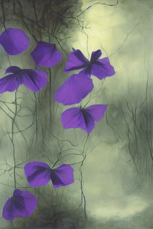 Image similar to moody painting of purple morning glories growing in a forest dimly lit at night. foggy volumetric darkness, muted colour palette oil painting on canvas caravaggio