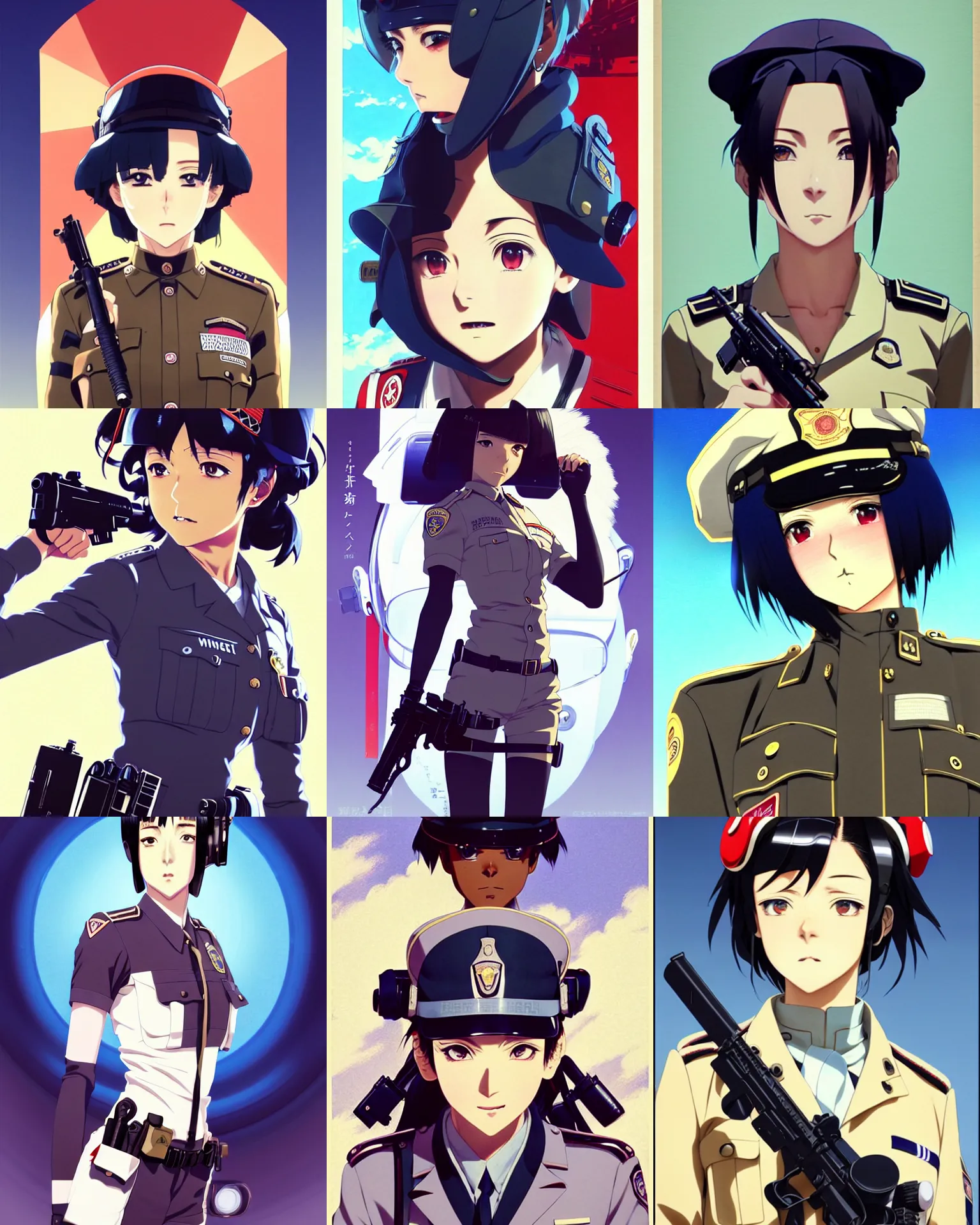 Prompt: A beautiful young anime [African-American or white or Japanese] dieselpunk policewoman || very anime, fine-face, pretty face, realistic shaded Perfect face, fine details. Anime. realistic shaded lighting poster by Ilya Kuvshinov katsuhiro otomo ghost-in-the-shell, magali villeneuve, artgerm, Jeremy Lipkin and Michael Garmash and Rob Rey