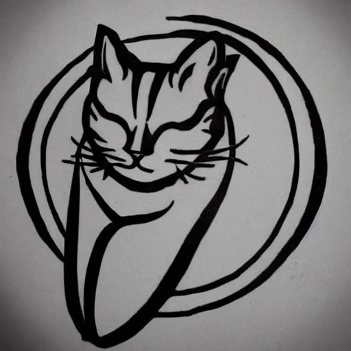 Image similar to tattoo design, stencil, a cat jumping in the air with a sword above it