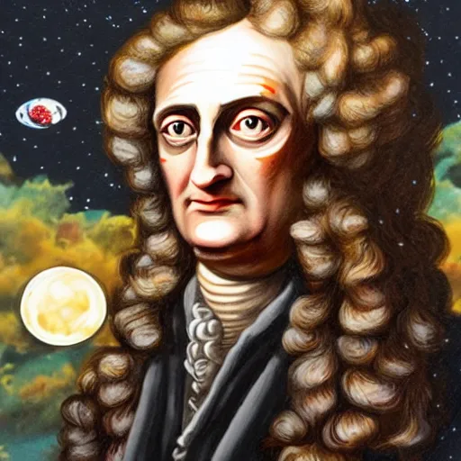 Prompt: Isaac Newton by Sandra Chevrier, apple, moon