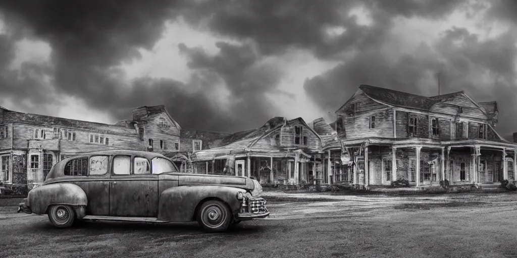 Prompt: Lovecraft Country, ultra detailed haunted house, stormy weather, rain, ultra detailed rain clouds, establishing atmospheric shot, unreal engine, F11 aperture, night, detailed volumetric fog, lighting and thunder, film grain, ultra detailed grey 1948 Packard Station Sedan parked in the street,