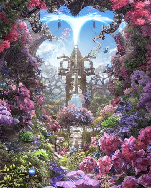 Image similar to portal to paradise, 8 k high definition, advanced technology, beams of energy, pathway, flowers, perfect relationship, love, machines, insanely detailed, intricate, art by akihiko yoshida, antilous chao, woo kim