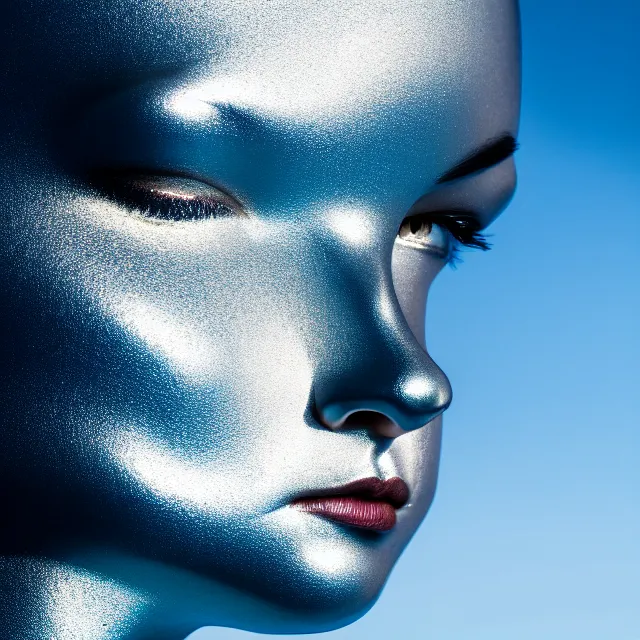 Prompt: portrait of metallic face, mercury, mirror reflections, smooth texture, liquid metal, proud, looking away, outdoor shot, blue sky, 8 k, realistic, depth of field, highly detailed, award winning photography