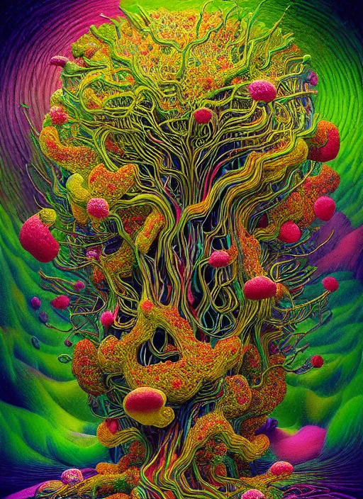 Image similar to hyper detailed 3d render like a Oil painting - the secret forest covered by a network of colorful yellowcake and aerochrome and milky Fruit , exotic flowers and a gossamer polyp blossoms bring iridescent fungal flowers whose spores black the foolish stars by Jacek Yerka, Mariusz Lewandowski, Houdini algorithmic generative render, Abstract brush strokes, Masterpiece, Edward Hopper and James Gilleard, Zdzislaw Beksinski, Mark Ryden, Wolfgang Lettl, Dan Hiller, hints of Yayoi Kasuma, octane render, 8k