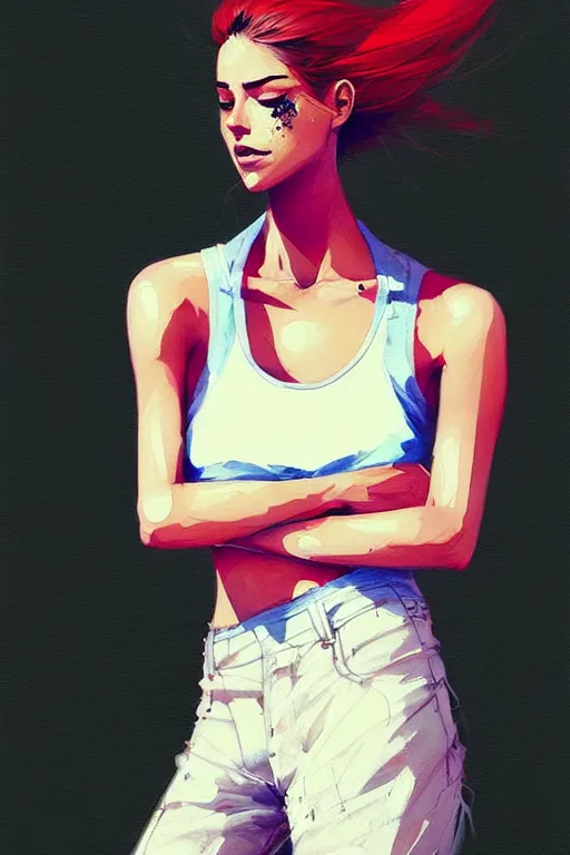 Image similar to a ultradetailed beautiful painting of a stylish woman with a white tank top, by conrad roset, greg rutkowski and makoto shinkai trending on artstation