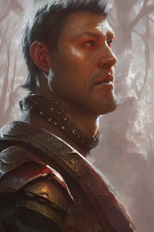 Image similar to dungeons and dragons warrior chief character closeup portrait, dramatic light, forest background, 2 0 0 mm focal length, painted by stanley lau, painted by greg rutkowski, painted by stanley artgerm, digital art, trending on artstation