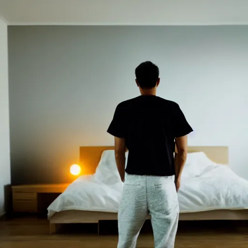 Image similar to man in dark bedroom lit only by computer screen
