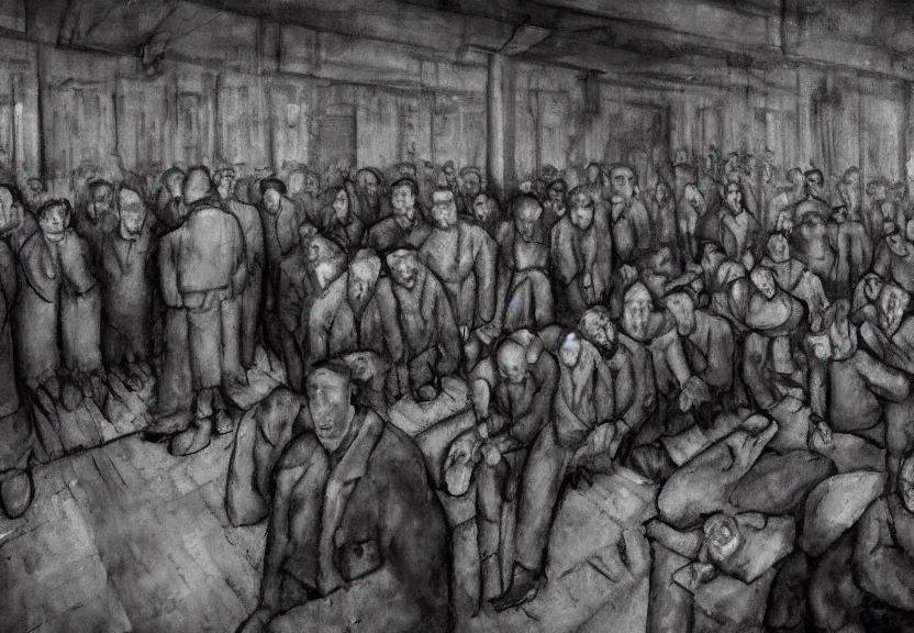 Image similar to realistic scene in auschwitz concentration camp with jewish prisoners by modigliani, dark fantasy, highly detailed, high contrast, 4 k, trending on artstation, award - winning