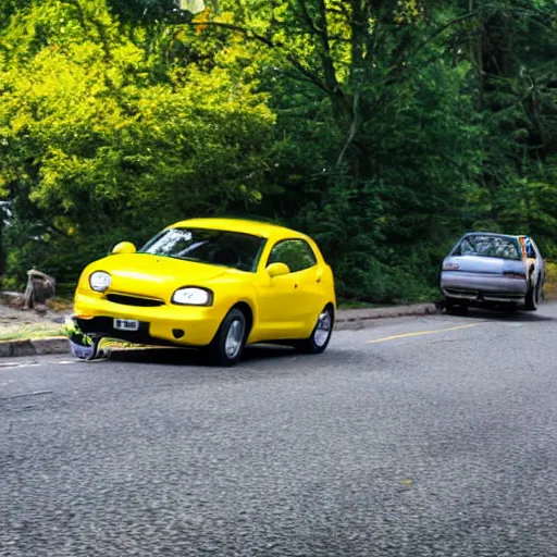 Prompt: a man being chased by a tiny fast yellow car in the wild