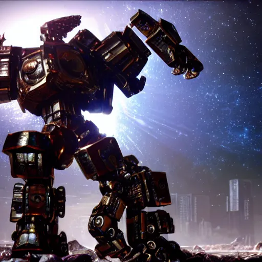 Image similar to a shiny ornate post apocalypse boxing humanoid mecha in galaxy, epic pose,, bright, by war robots, real steel ( 2 0 1 1 ), westworld and eve venture and pacific rim and machine warrior 5, cryengine, frostbite 3 engine, sharp focus, 8 k, high definition, insanely detailed, beautiful lighting,