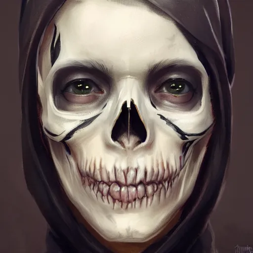 Image similar to a beautiful portrait of a short teenager necromancer with skull facepaint in black robes, sharp chin, by Greg Rutkowski and Raymond Swanland, Trending on Artstation, ultra realistic digital art