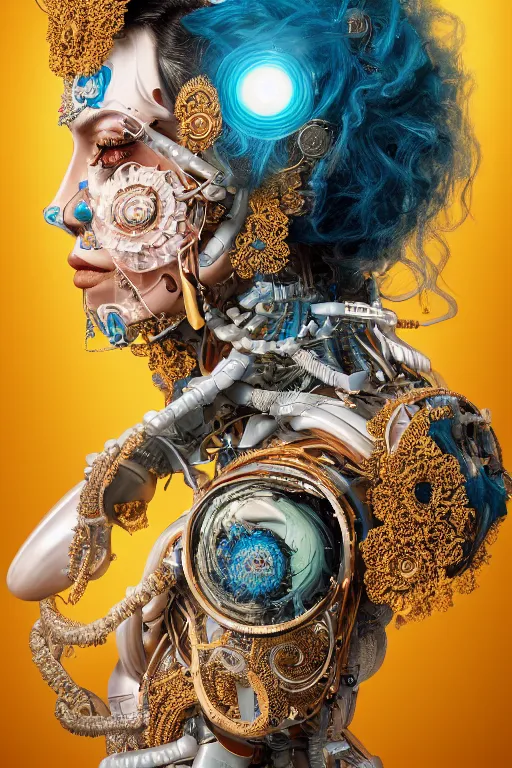 Image similar to a beautiful intricate fine art portrait photo of an indian cyborg with bionic implants, epic wavy hair spread out around her lined with white hibiscus, lying on a mandala, by natalie shau and james christensen, masterpiece!, turquoise blue face, mechanical robot body, top view, studio lighting, golden ratio composition, 3 5 mm lens, deep depth of field, artstation, 8 k