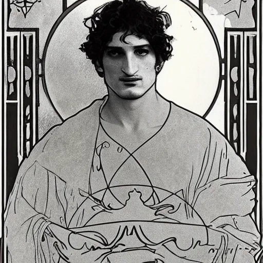 Image similar to louis garrel portrait by louis - theophile hingre and alphonse mucha, realistic, sharp focus, zodiac signs, tarot cards, planets, ethereal, art nouveau, magic, moon, sun, crown, dreamy, royal, jewellery