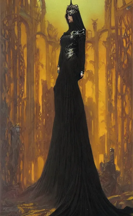 Image similar to an oil painting of a queen in a black funeral dresst, by bruce pennington