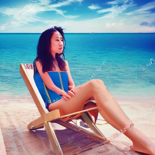 Prompt: a portrait of a young asiatic lady on a beach chair , highly perfect face, hot summertime hippie, sparky swimsuit , calm sea and beach background , sunny day, perfecly detailed, realistic portrait, perfect design, natural light