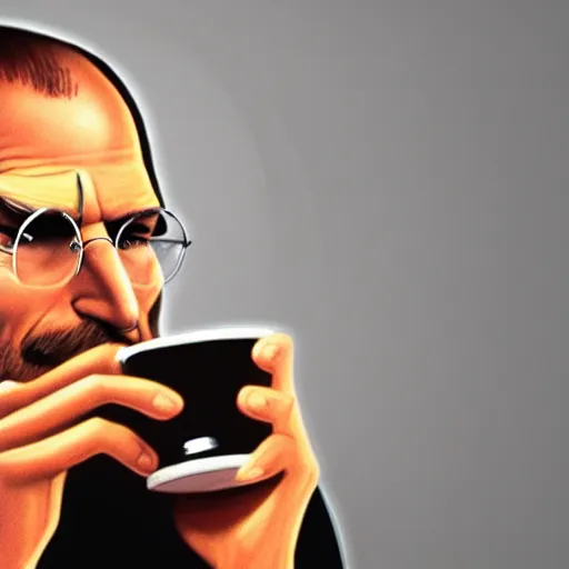 Image similar to A high definition photo of Steve Jobs drinking a cup of coffee in his living room, hyperdetailed, artstation, digital art, photorealism, accurate, 8k,