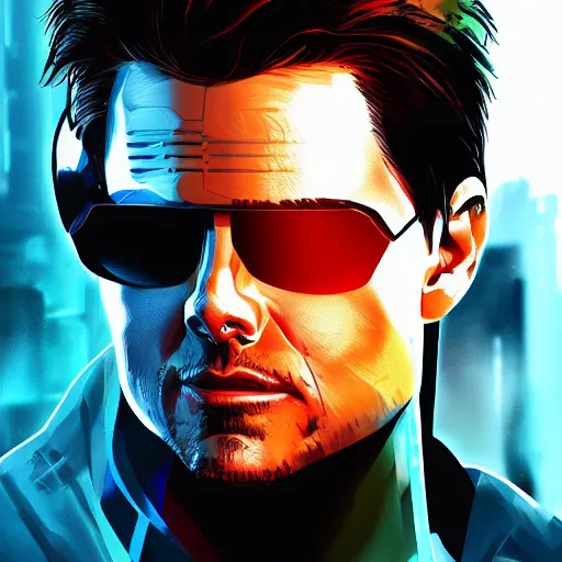 Image similar to cyberpunk tom cruise, sharp lines, digital, artstation, colored in