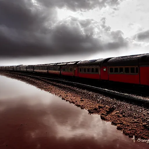 Prompt: LNER A4 class train in the Sahara desert during a rainstorm, puddles forming, dramatic lighting, god rays