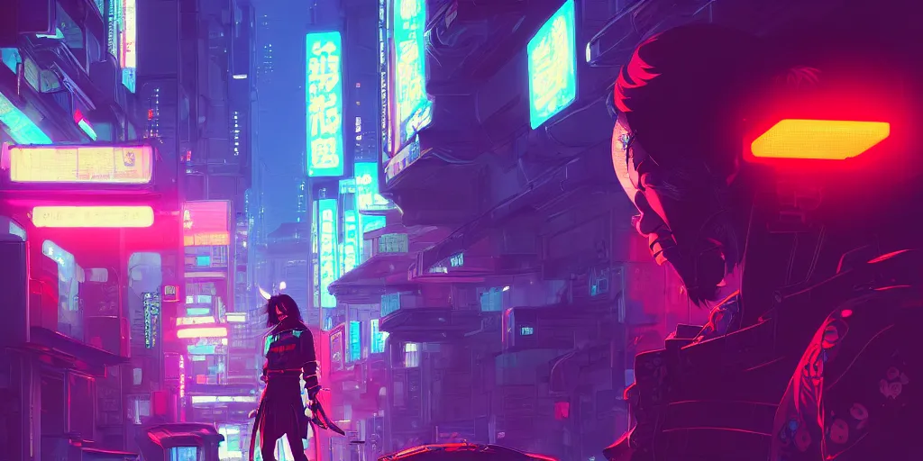 Image similar to digital illustration closeup of cyberpunk samurai in city street at night by makoto shinkai, ilya kuvshinov, lois van baarle, rossdraws, basquiat | afrofuturism, in the style of hearthstone, trending on artstation | cool color scheme