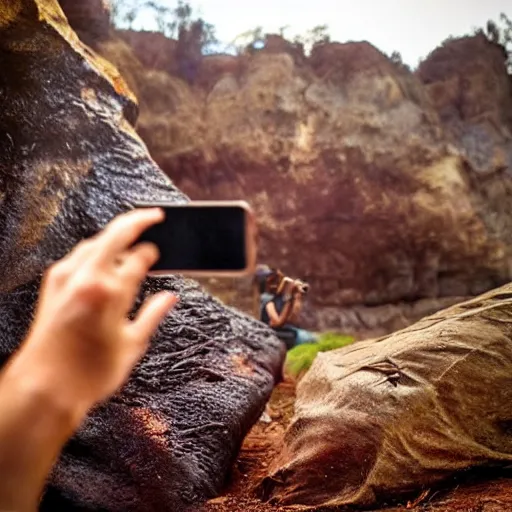 Prompt: “colur photo an homo Neanderthal taking a photo with his iPhone in front of a cave to a rusted pork on the fire, photoreal photojournalism, National Geographic style”