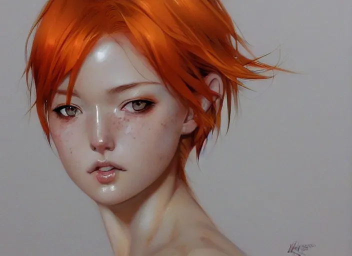 Prompt: portrait Anime Girl with orange hair and freckles, green eyes fine face pretty face, realistic shaded Perfect face, fine details. Anime. by katsuhiro otomo magali villeneuve, artgerm, rutkowski Jeremy Lipkin and Giuseppe Dangelico Pino and Michael Garmash and Rob Rey