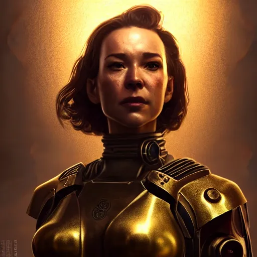 Prompt: unknown Fallout 5 character portrait, partially clothed in metal-plated ballistic armor, atmospheric lighting, painted, intricate, volumetric lighting, beautiful, golden hour, sharp focus, ultra detailed, by Leesha Hannigan, Ross Tran, Thierry Doizon, Kai Carpenter,Ignacio Fernández Ríos