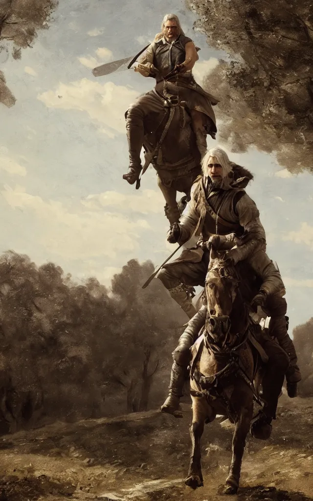 Image similar to mads mikkelsen as geralt of rivia from the witcher riding a horse, artstation, by camille corot, cinematic, dramatic, filmic, 8 k, moody lighting, cinematic lighting, insanely detailed and intricate, hypermaximalist, elegant, ornate, hyper realistic, super detailed