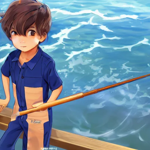 Prompt: a beautiful portrait of a young boy with short brown hair wearing a sun hat while fishing in the ocean from a dock, wearing a blue jumpsuit and fishing vest, high detailed, anime style, pixiv, artstation, Bukurote and krenz cushart and Ryota-H