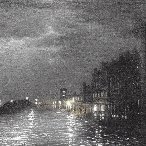 Image similar to It was a dark and stormy night; the rain fell in torrents, except at occasional intervals, when it was checked by a violent gust of wind which swept up the streets (for it is in London that our scene lies), rattling along the house-tops, and fiercely agitating the scanty flame of the lamps that struggled against the darkness