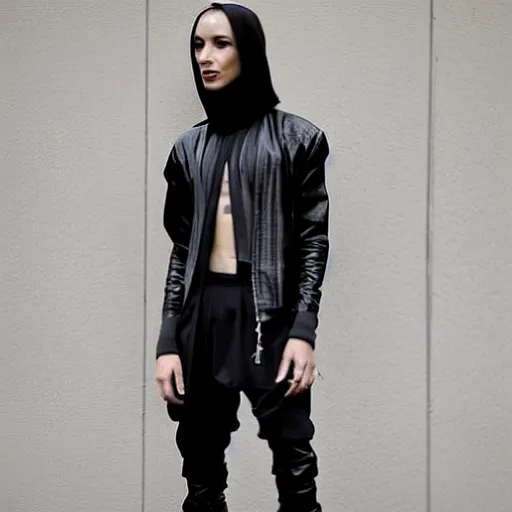 Prompt: Beautiful androgynous model, techwear look and clothes, Rick Owens, hot on r/Streetwear, outfit photo