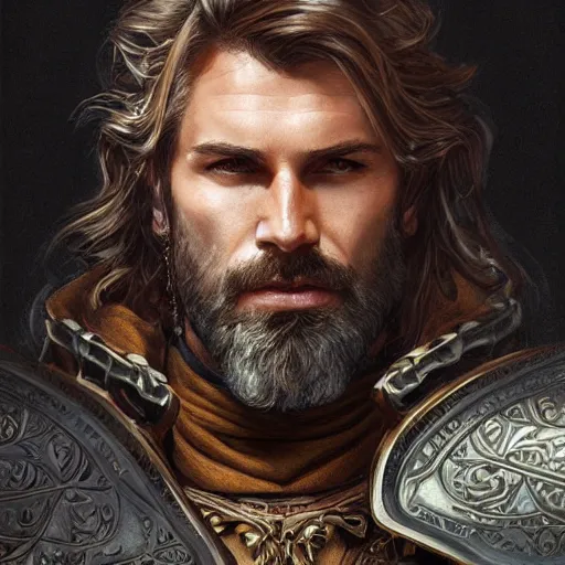 Image similar to portrait of a ruggedly handsome paladin, soft hair, muscular, half body, leather, hairy, d & d, fantasy, intricate, elegant, highly detailed, digital painting, artstation, concept art, smooth, sharp focus, illustration, art by artgerm and greg rutkowski and alphonse mucha