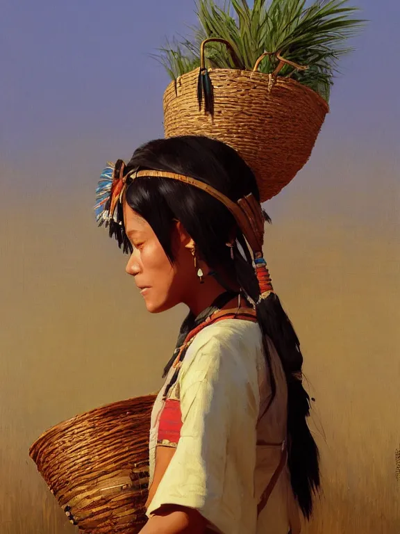 Image similar to an ultradetailed beautiful portrait painting of an female tribe native carrying a basket on her head on the road, side view, oil painting, high resolution, by ilya kuvshinov, greg rutkowski and makoto shinkai