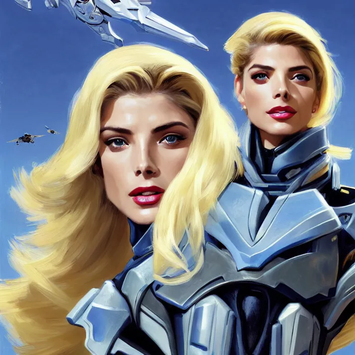 Image similar to A combination of Adriana Dxim's and Grace Kelly's and Ashley Greene's appearances with blonde hair wearing Interceptor's armor from Anthem, countryside, calm, fantasy character portrait, dynamic pose, above view, sunny day, thunder clouds in the sky, artwork by Jeremy Lipkin and Giuseppe Dangelico Pino and Michael Garmash and Rob Rey and Greg Manchess and Huang Guangjian, very coherent asymmetrical artwork, sharp edges, perfect face, simple form, 100mm