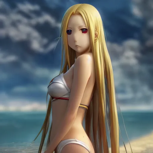 Image similar to bishamon render as a very beautiful 3d anime girl, long pure blonde hair, golden eyes, full round face, short smile, cute bikini, serene beach setting, cinematic lightning, medium shot, mid-shot, highly detailed, trending on Artstation, Unreal Engine 4k, cinematic wallpaper