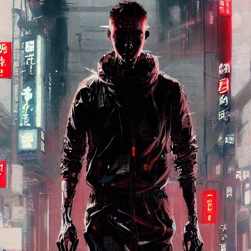 Image similar to a beautiful ukiyo painting of full body cyberpunk blade runner, dramatic pose, wearing japanese techwear, detailed symmetrical, intricate complexity, concept art, by ismail inceoglu dragan bibin hans thoma greg rutkowski alexandros pyromallis nekro rene maritte illustrated, perfect face, fine details, realistic shaded, fine - face, pretty face