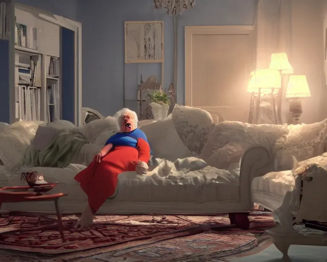 Image similar to of a very beautiful scene. ambient occlusion render. a sweet fat old woman is flying above the sofa. hyper realistic. 4 k. wide angle. wild. symmetrical face, red mouth, blue eyes. deep focus, lovely scene. ambient occlusion render. concept art. unreal engine.