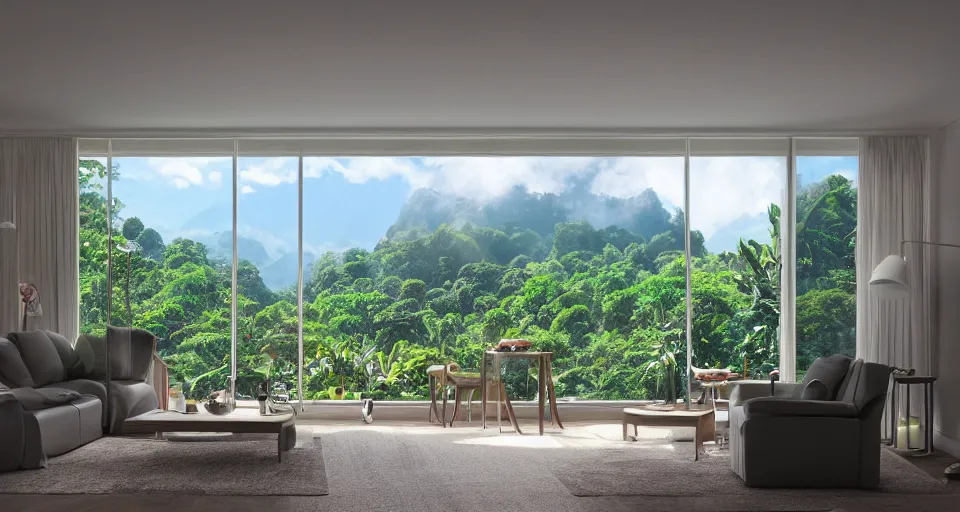 Image similar to looked at big window, architectural, mountains in background, cloud forest in background, tropical, sunny day time, clear sky, living room, furniture, IKEA catalogue, futuristic, ultra realistic, ultra detailed, cinematic light, anamorphic, by Paul Lehr